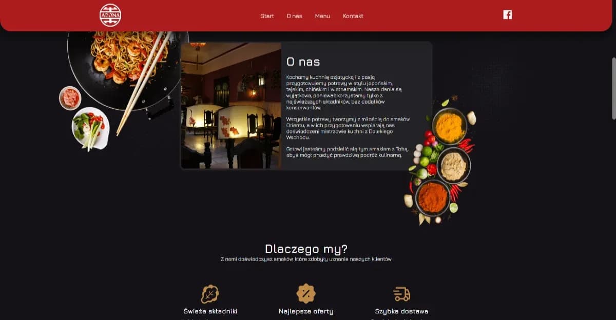 Strona internetowa restauracji ADONA — układ i widoki