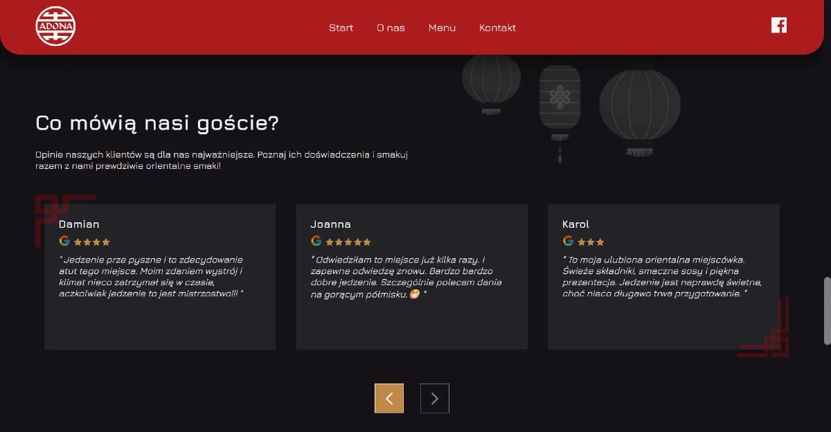 Strona internetowa restauracji ADONA — układ i widoki