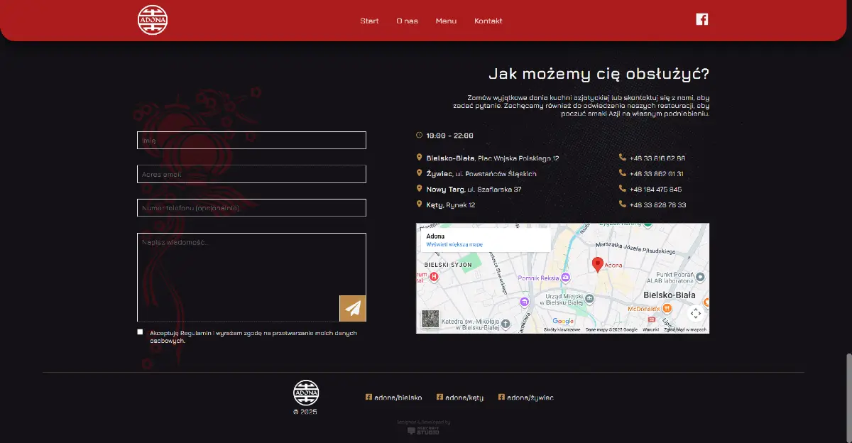 Strona internetowa restauracji ADONA — układ i widoki